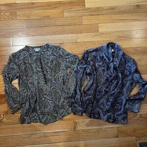 Wintersilks 100% Silk Paisley Long Sleeve Flowy Blouse Bundle - Lot of 2 - Sz L
